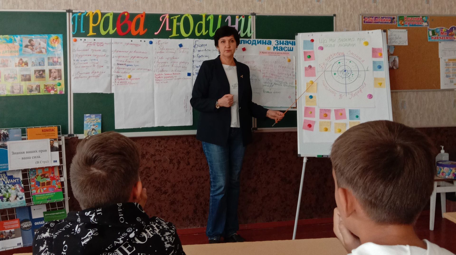 Project participant Valentyna Chyrva teaching a class on human rights in her school “Gymnasium №12”. 2022 Kamianske, Ukraine. 