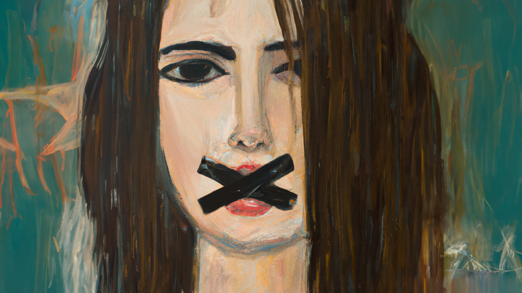 SLAPPs: A painting of a journalist that has been censored. Black tape is placed over her mouth.